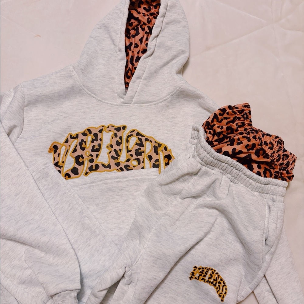 Light Gray Hoodie & Jogger Set with Cheetah Graphic